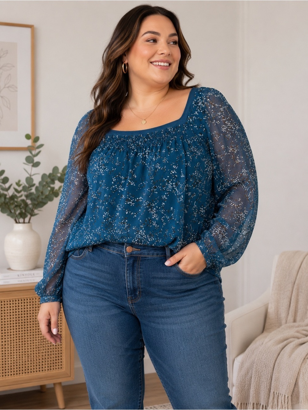 Esprit Teal Floral Square-Neck Long Sleeve Blouse Size 14 Boho Cottagecore